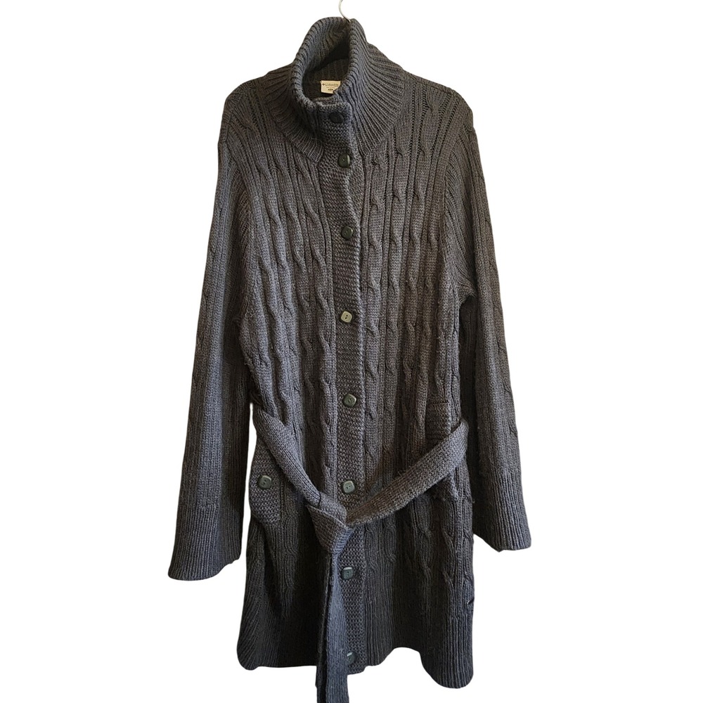 Columbia Cable Knit Cardigan Women 3X Grey Excellent Wool Alpaca Belted Coat
